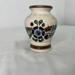 Mexican Vase Pottery Floral Glossy Design Small Made In Mexico, Signed